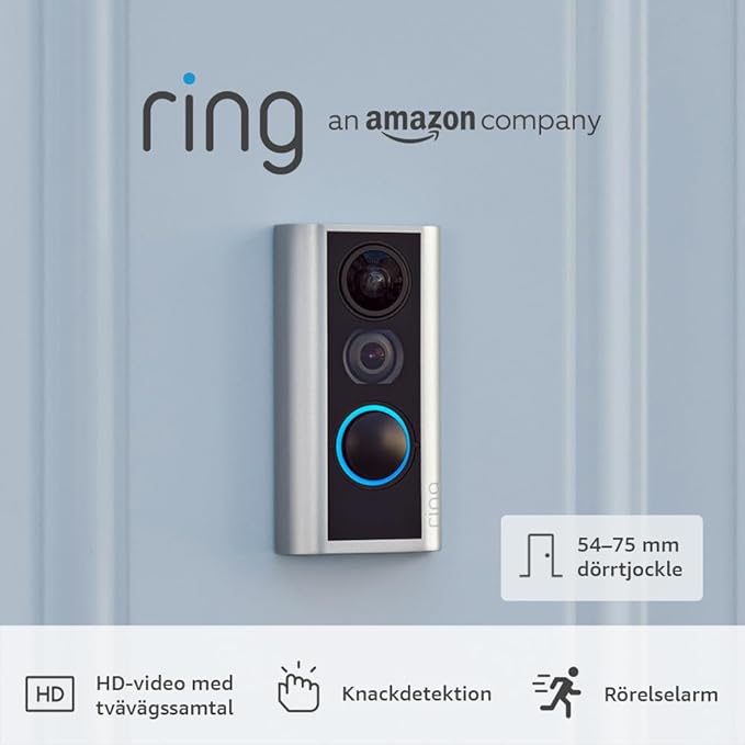 Ring Peephole Camera monterad i en ytterdörr, sedd utifrån med det runda titthålet synligt