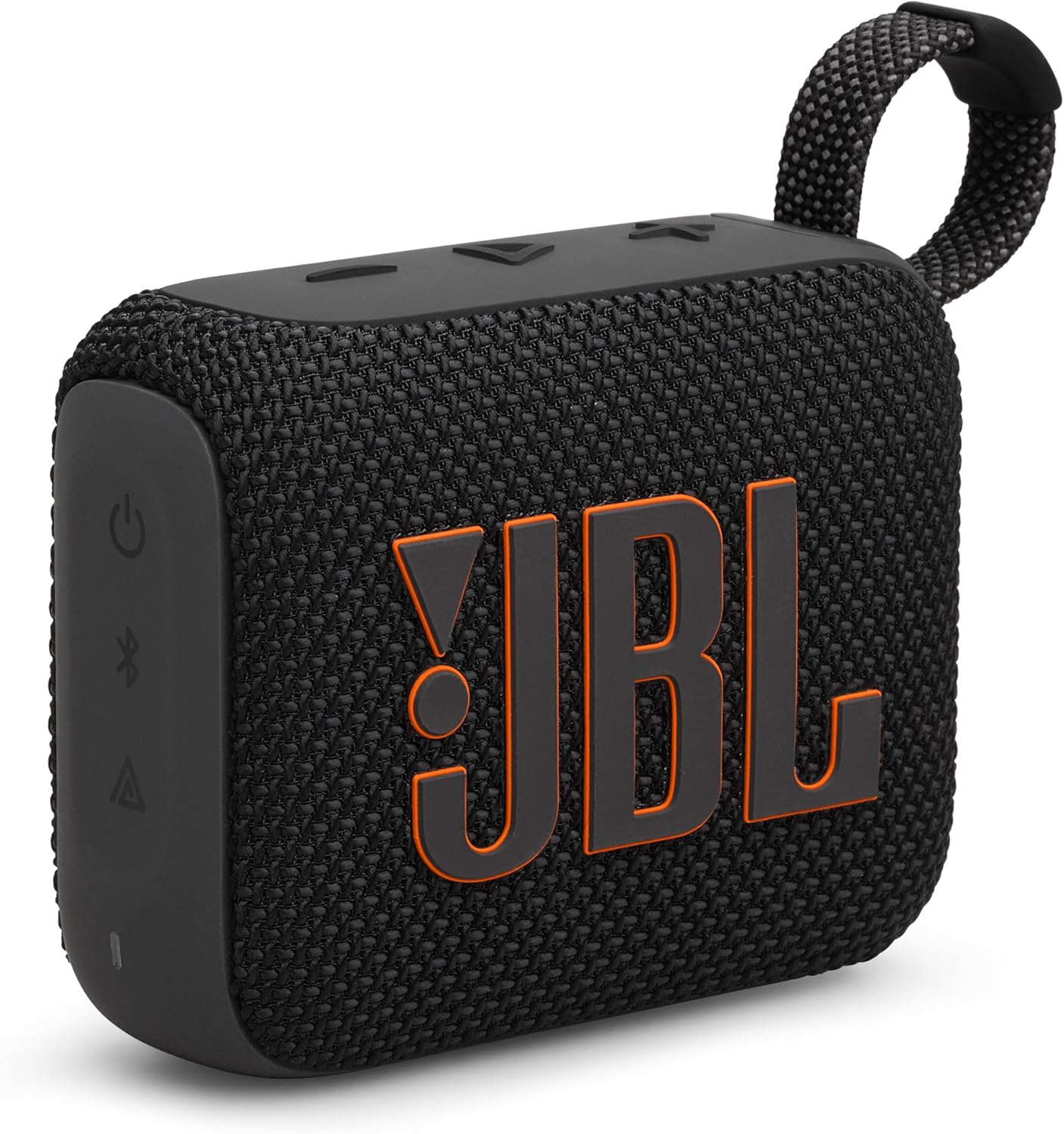 Svart JBL Go 4 bärbar Bluetooth-högtalare med bärögla mot ljus bakgrund