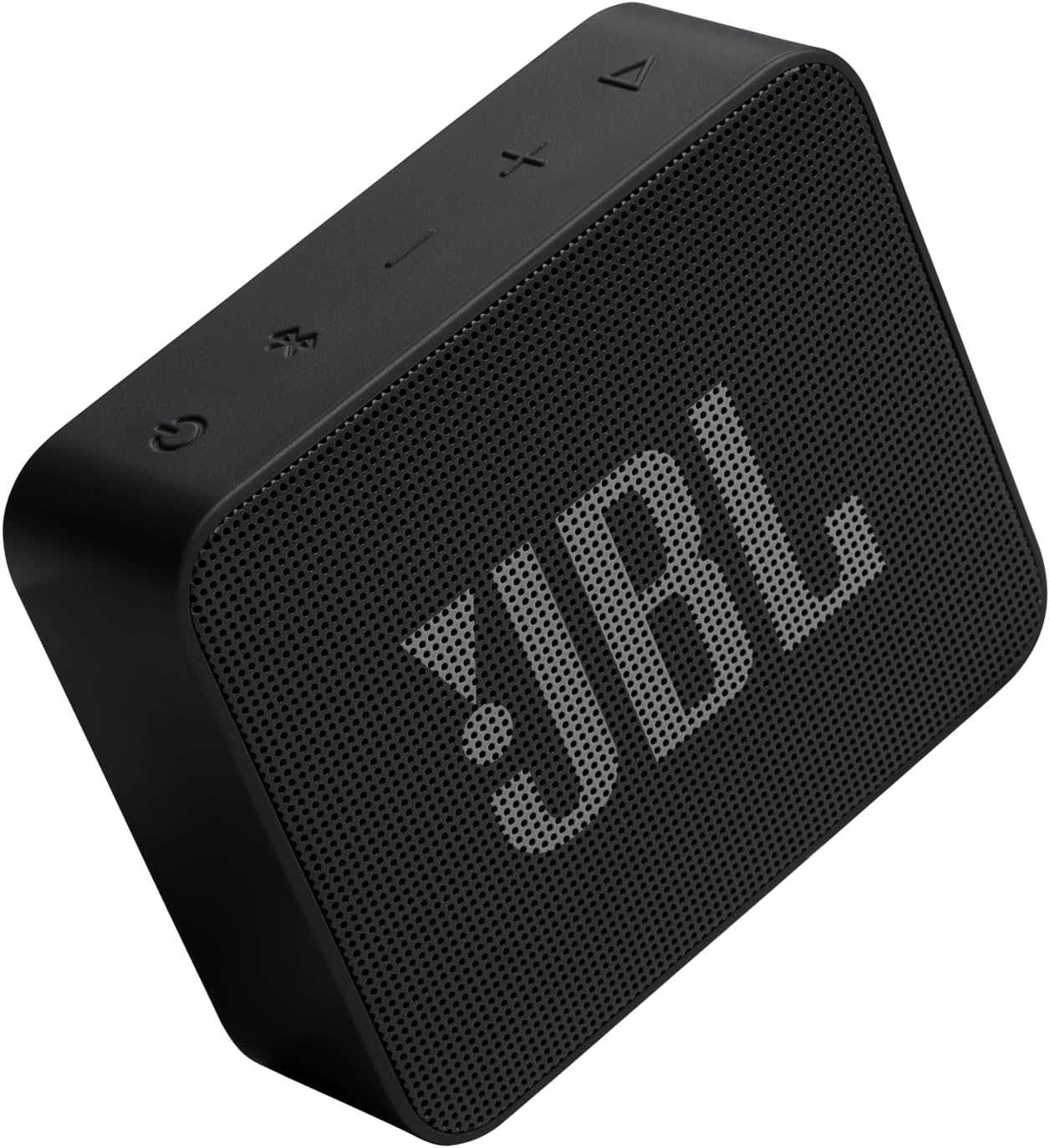 Liten svart JBL Go Essential 2 bluetooth-högtalare på ljus bakgrund