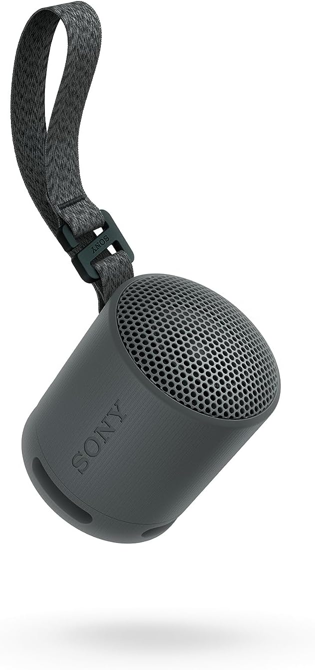 Sony SRS-XB100, en liten ljusgrå bärbar Bluetooth-högtalare med bärrem