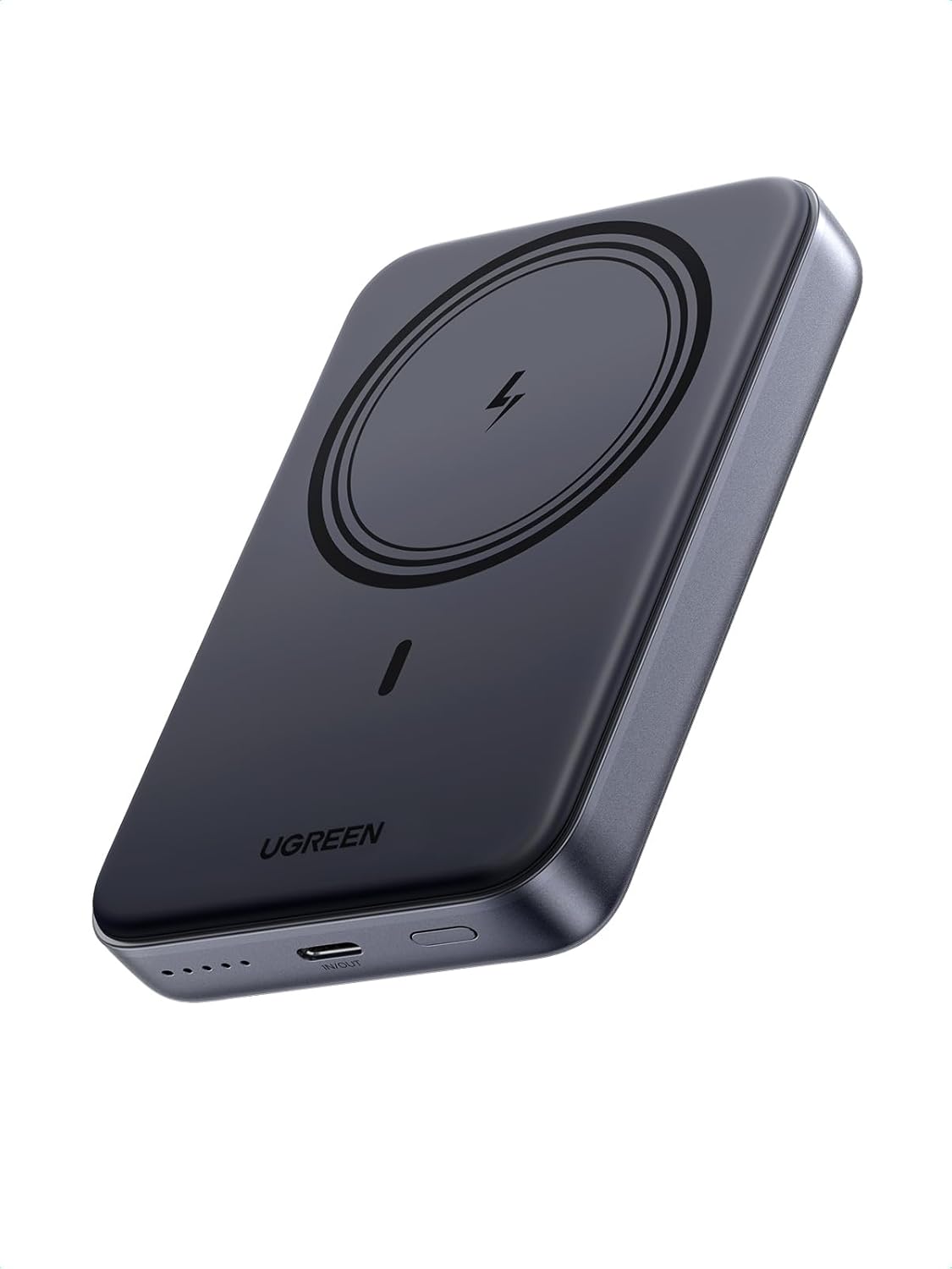 Svart UGREEN magnetisk powerbank fäst magnetiskt på baksidan av en iPhone